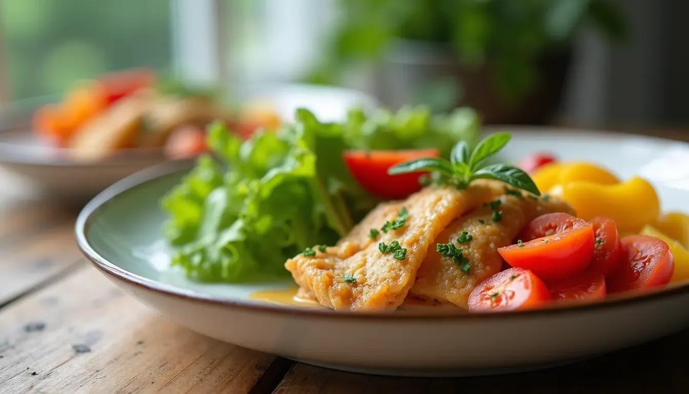 Close-up view of a colorful plate with balanced healthy food