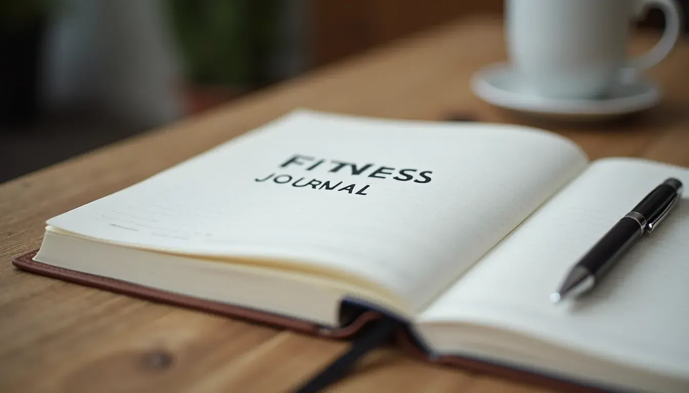 Close-up view of a fitness journal and pen on a wooden table
