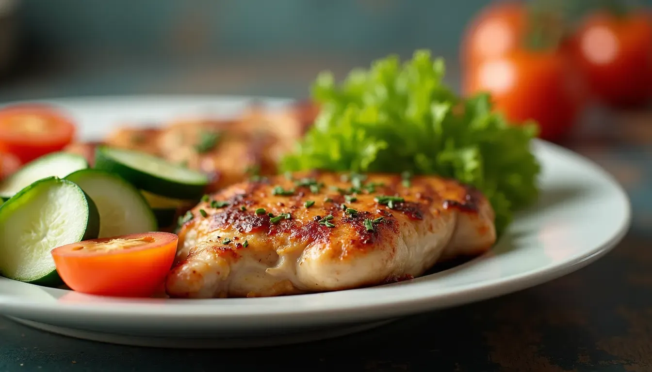 Close-up view of a colorful plate with fresh vegetables and grilled chicken