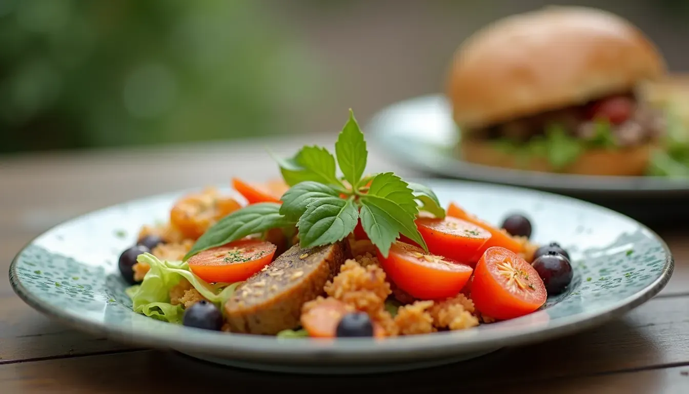 Close-up view of a colorful plate with balanced healthy food