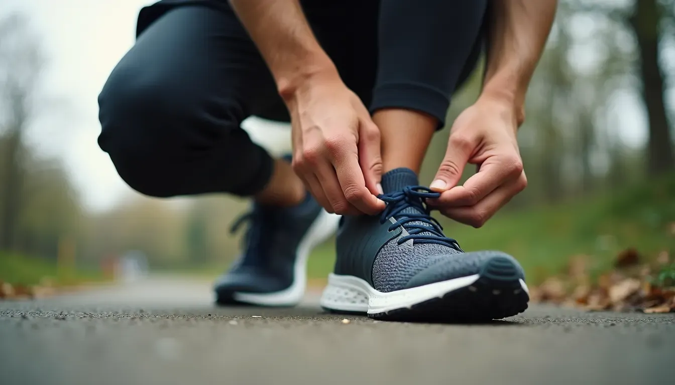 Close-up view of a person tying running shoes outdoors
