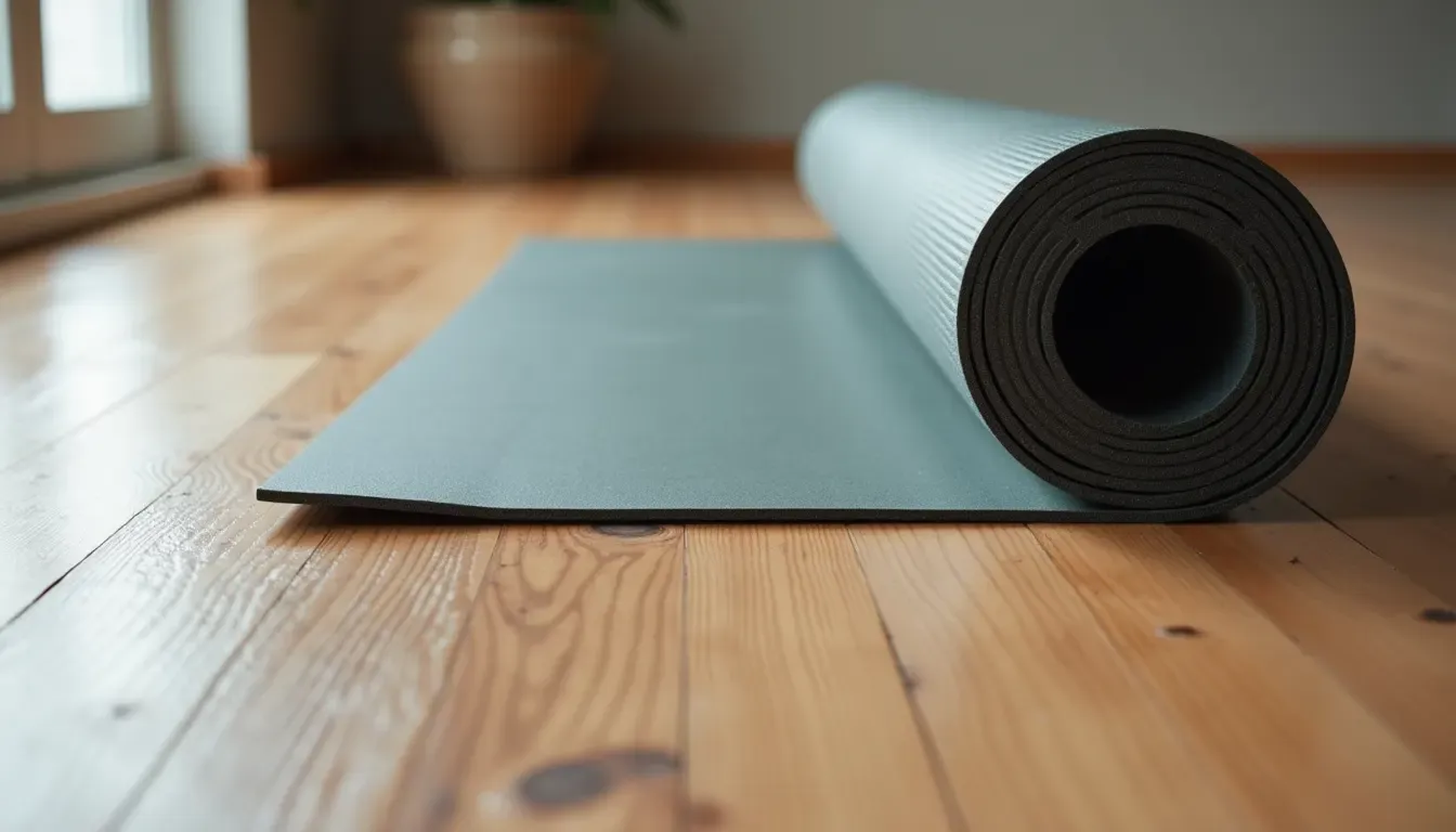 Close-up of a yoga mat and foam roller on wooden floor