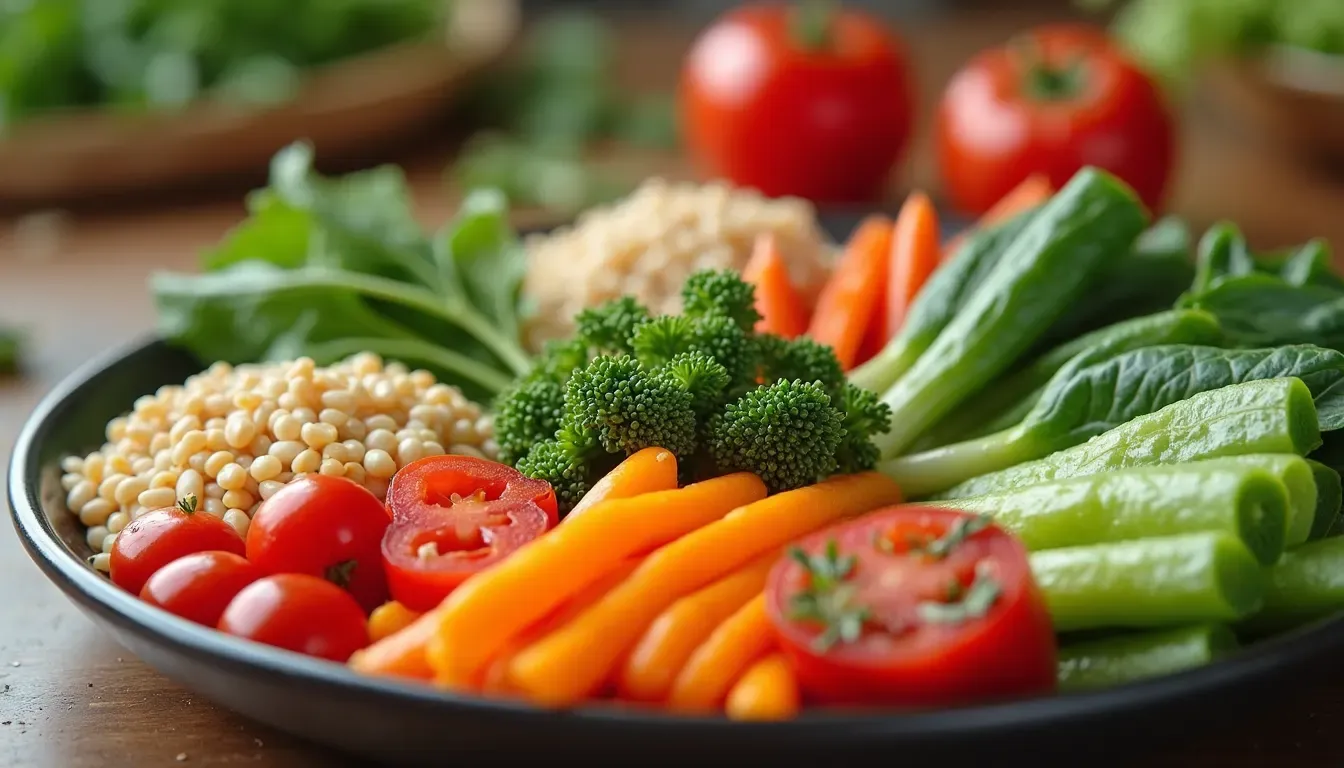 Close-up view of a colorful and healthy meal with fresh vegetables and grains