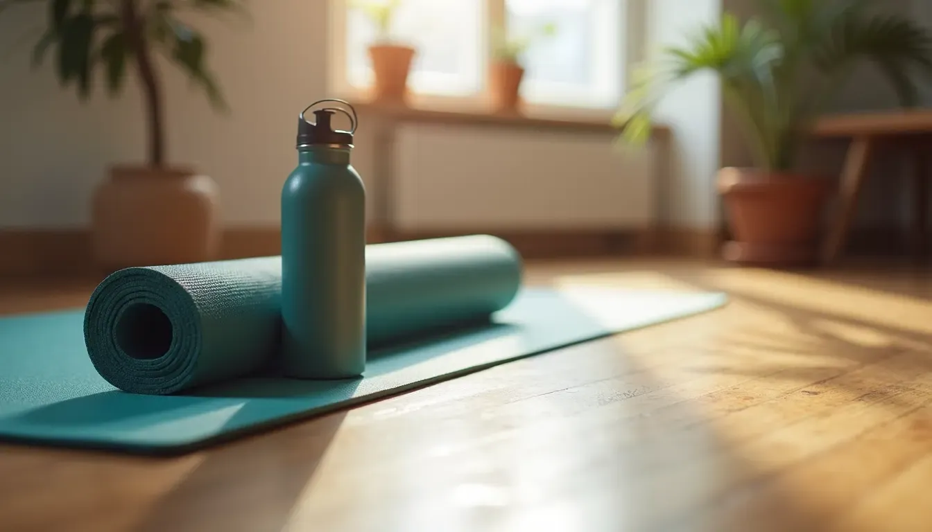 Close-up of yoga mat and water bottle on wooden floor