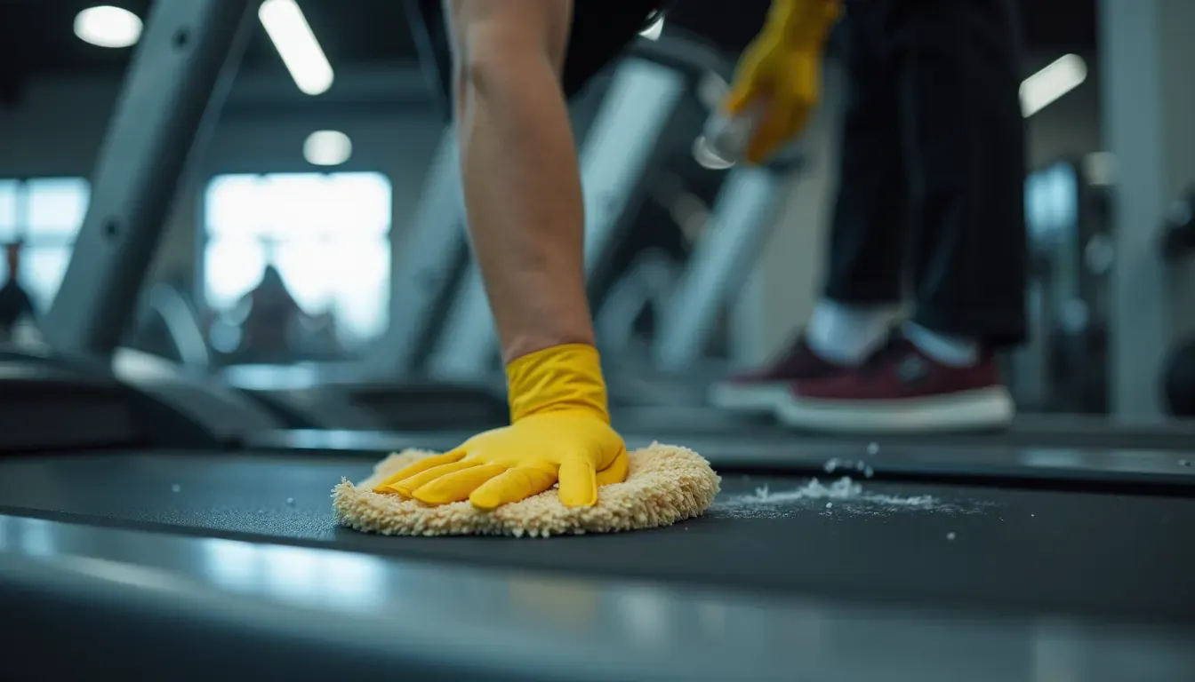 Close-up view of a gym member wiping down a treadmill after use