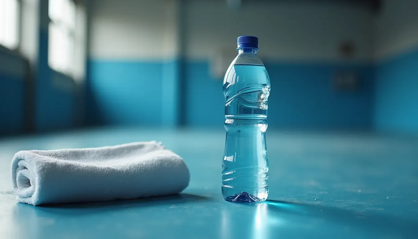 Close-up view of a water bottle and towel on gym floor