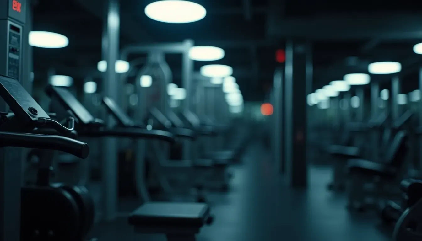 Close-up view of gym equipment with dimmed lights during late-night workout