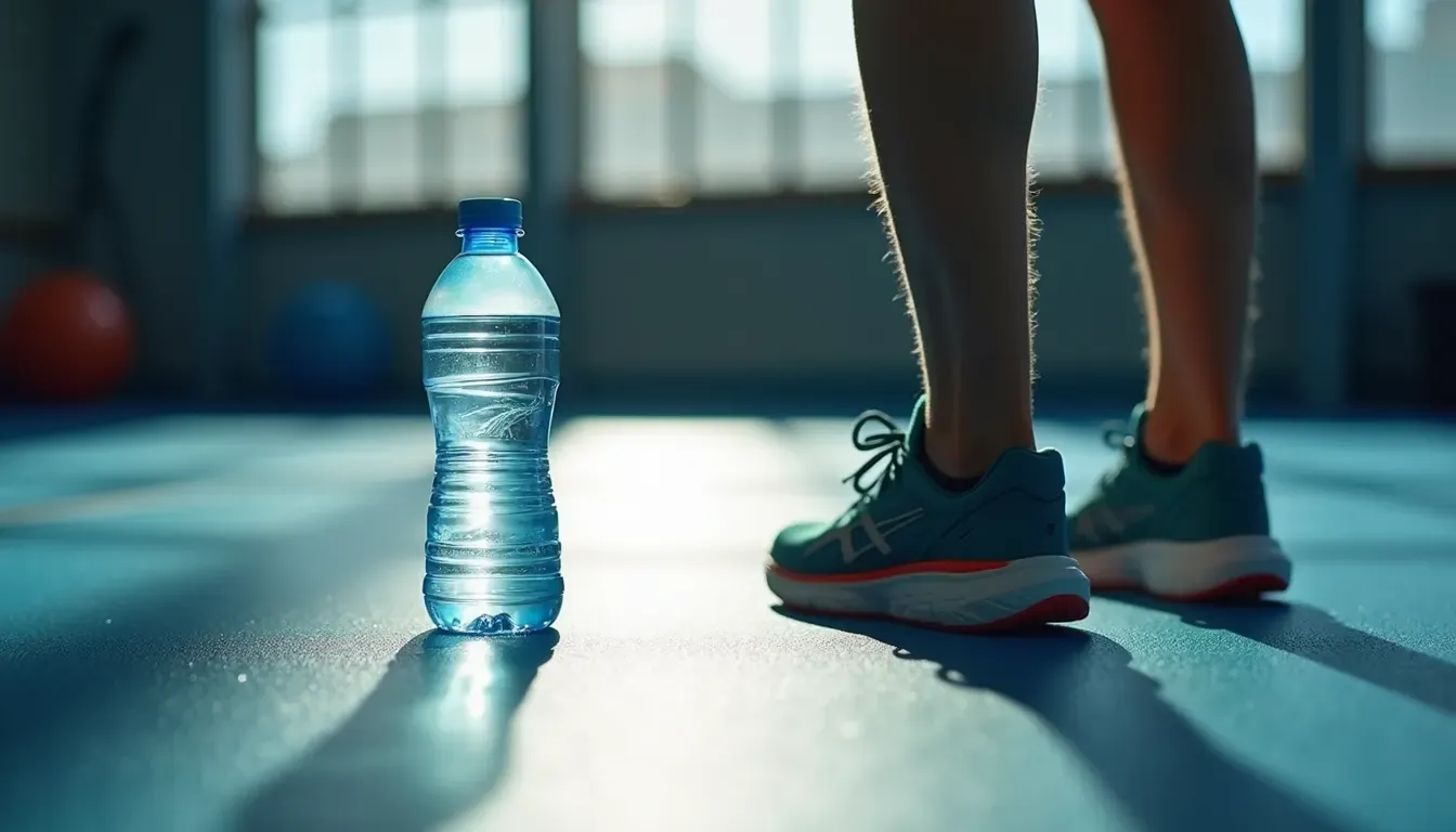 Close-up of a water bottle and running shoes on a gym floor