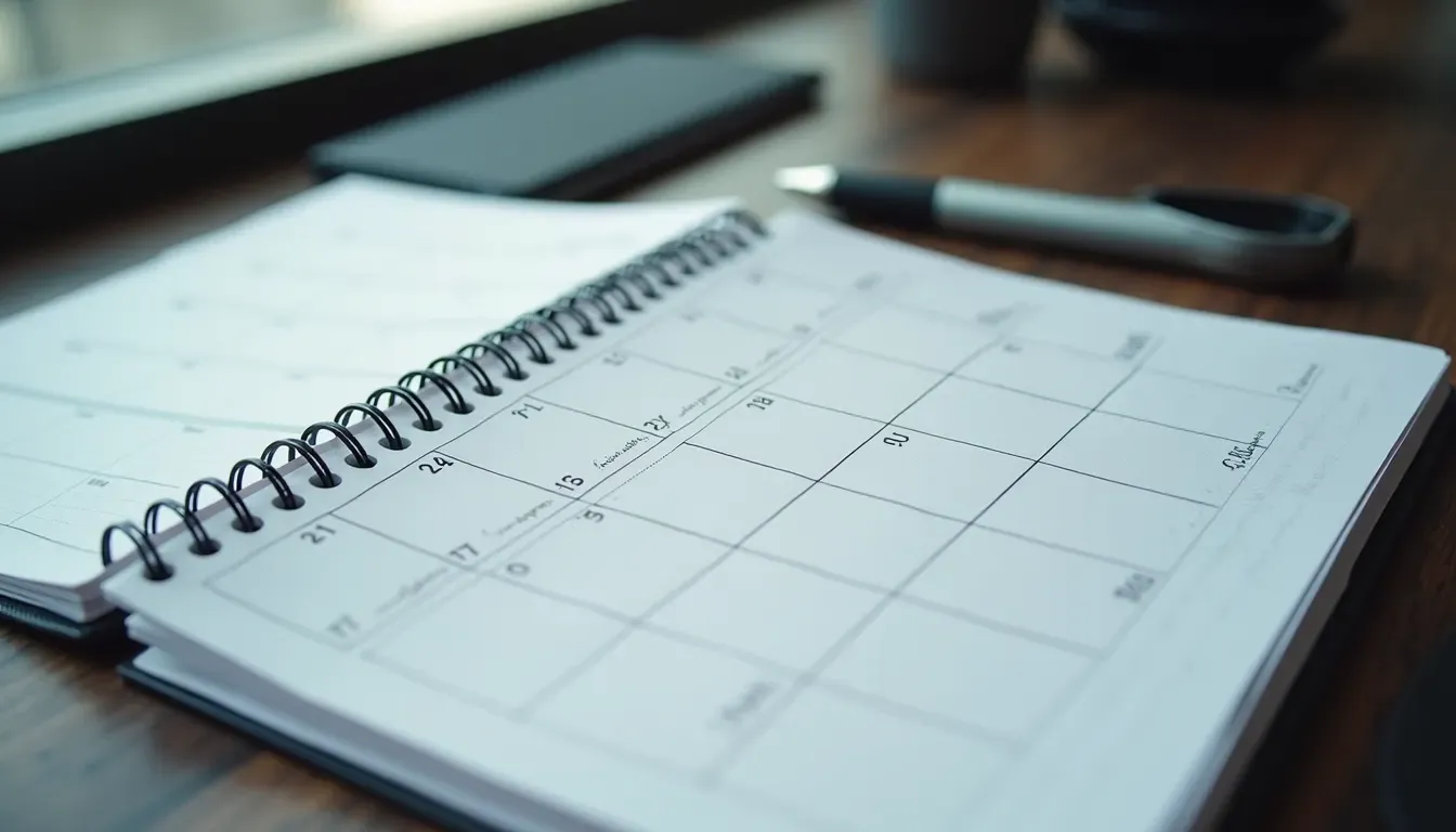 High angle view of a gym schedule planner with workout days marked