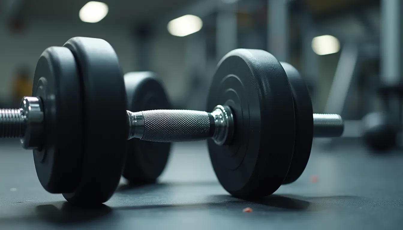 Close-up view of dumbbells on a gym floor