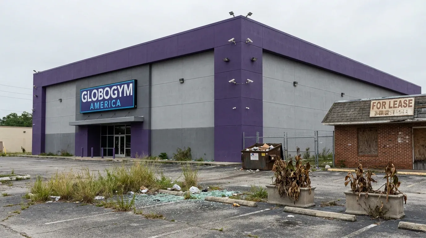 GloboGym America: a sterile purple big-box gym behind a weed-choked parking lot, an overflowing dumpster, dead planters, and a boarded-up local shop next door