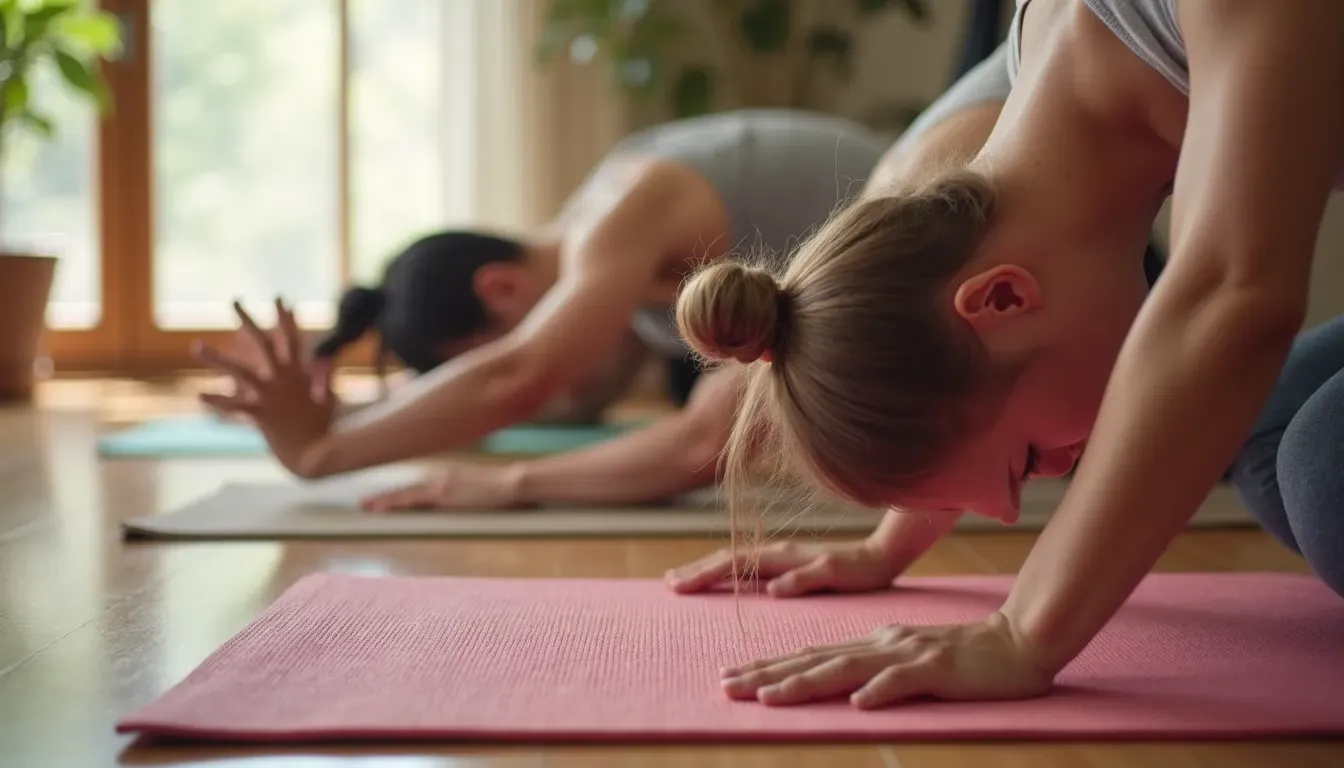 High angle view of a yoga mat with stretching exercises in progress