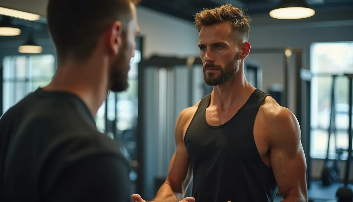 Eye-level view of a personal trainer guiding a client through a workout session