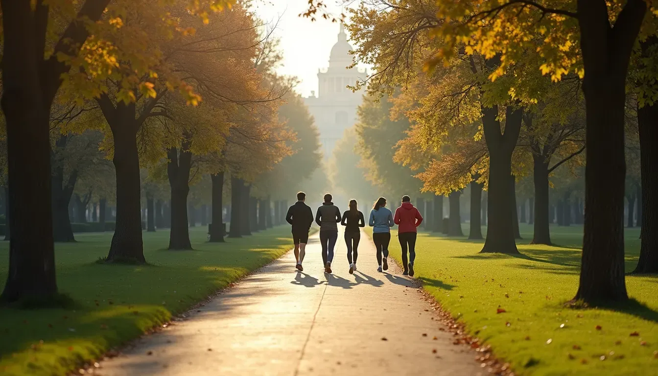 High angle view of a city park with people walking and jogging