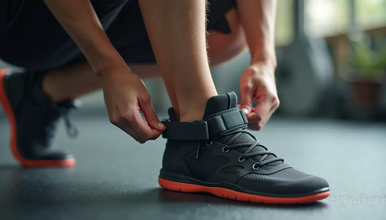 Close-up view of a person adjusting ankle weights before exercise