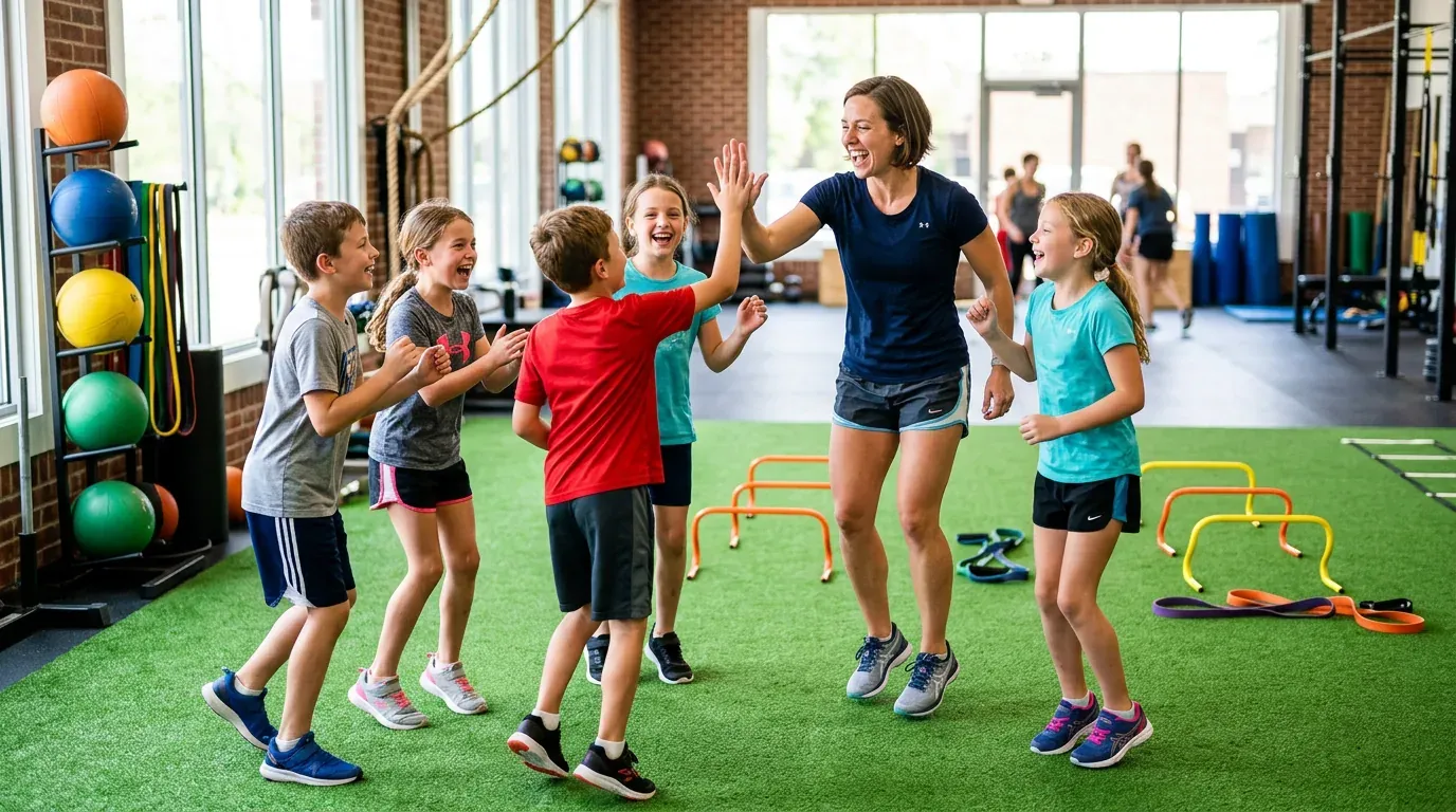 Coach high-fiving kids after a youth strength class