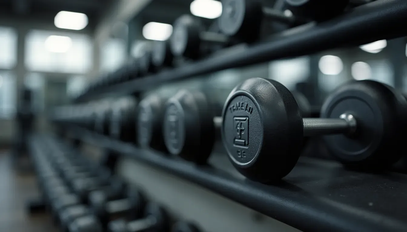 Eye-level view of a set of dumbbells on a weight rack