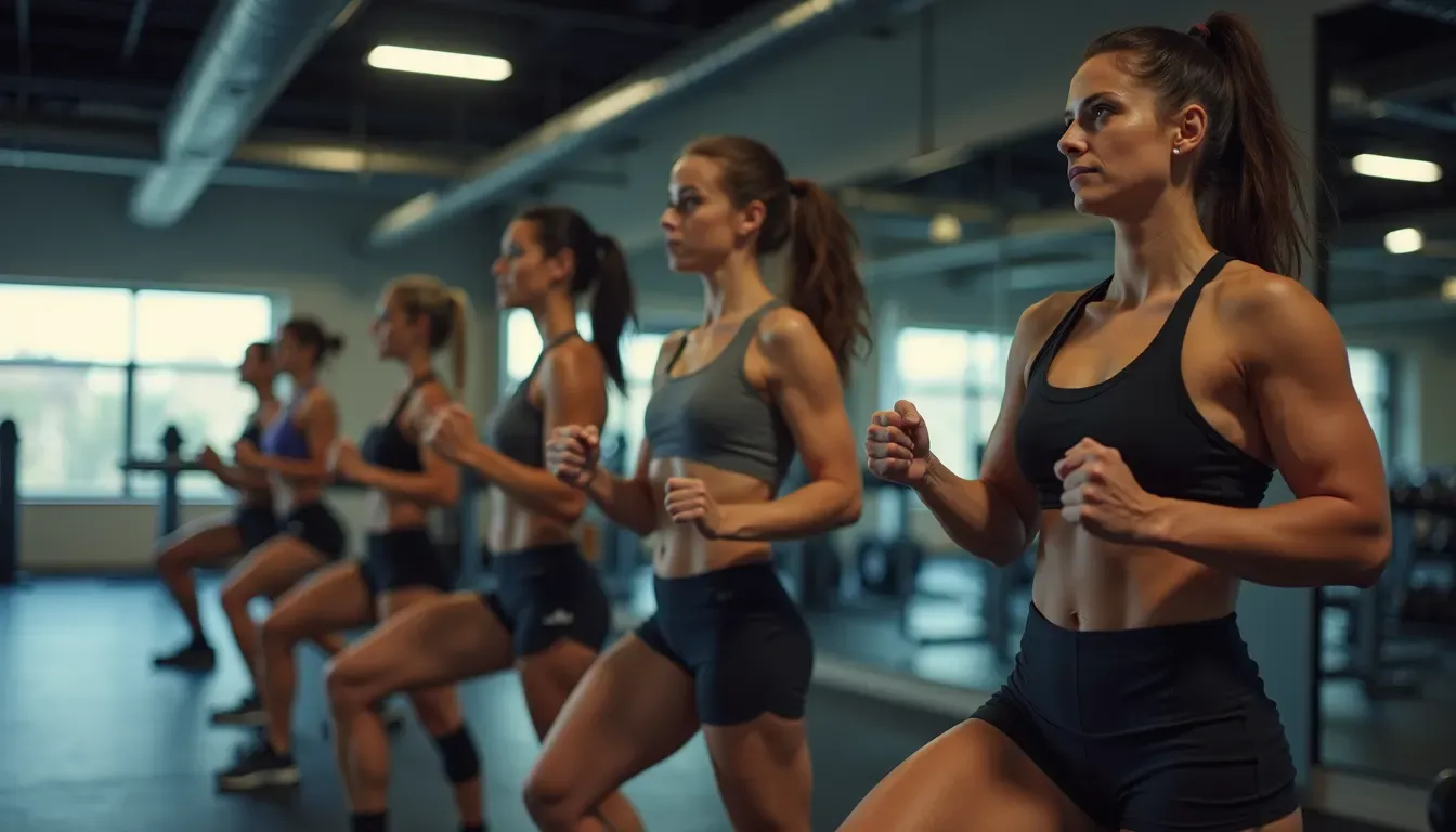 Wide angle view of a group of gym members participating in a fitness challenge
