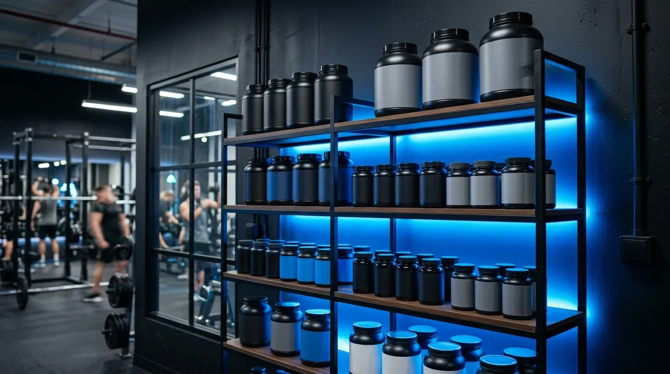 Supplement shelf lit with blue LED
