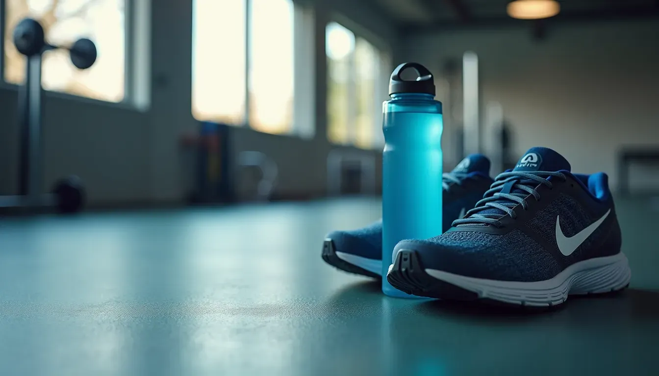 Close-up view of a water bottle and running shoes on a gym floor