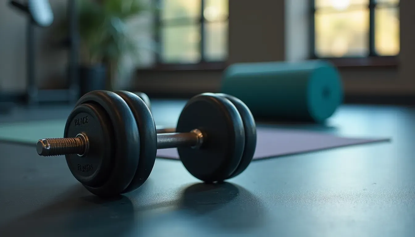 Close-up of dumbbells on a gym floor with a yoga mat nearby