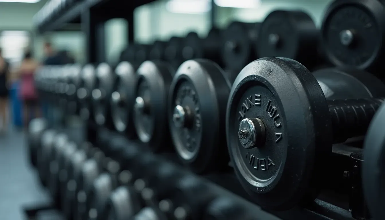 Close-up view of gym weights neatly racked on a rack