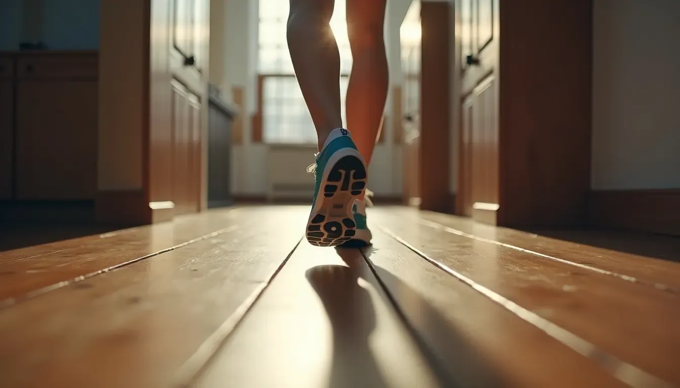 High angle view of running shoes on a wooden floor