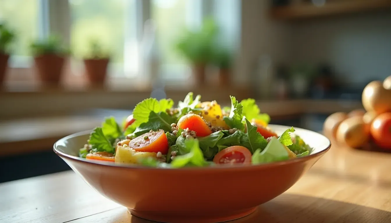 Eye-level view of a colorful salad bowl on a kitchen counter