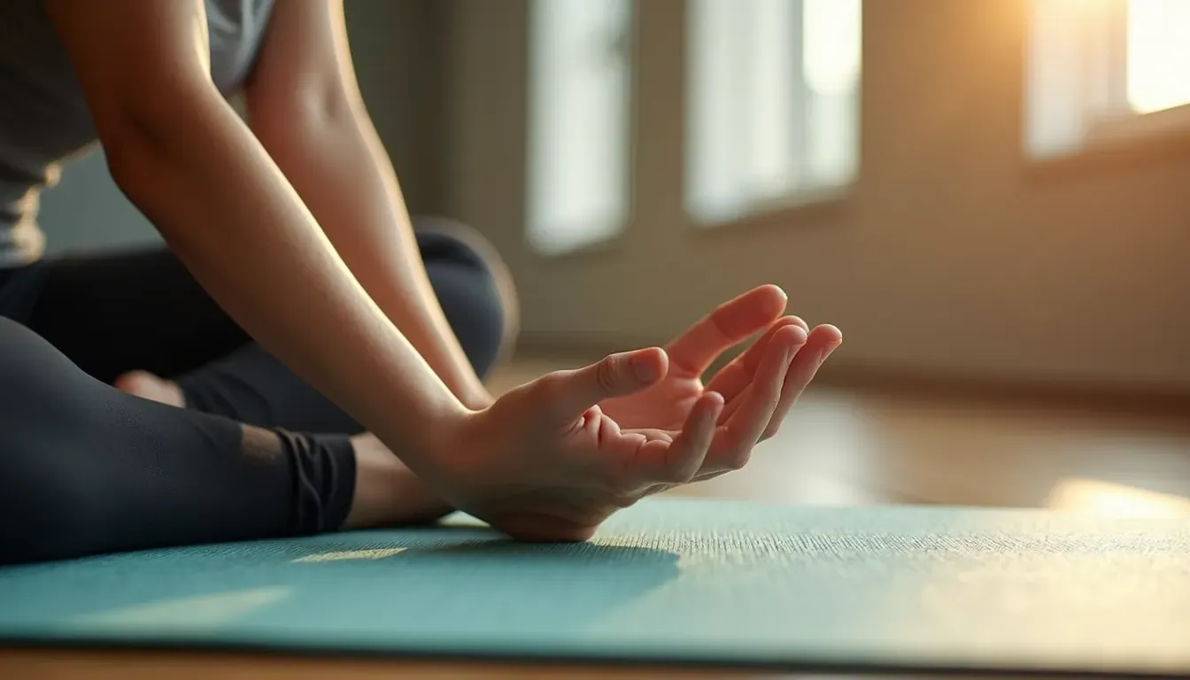 Close-up view of a person stretching on a yoga mat