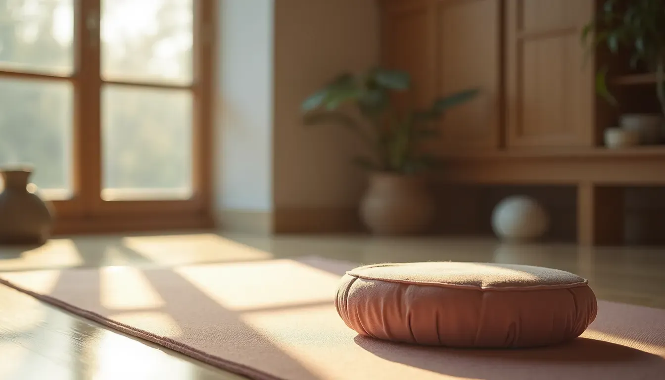 Close-up view of a yoga mat and meditation cushion in a peaceful room