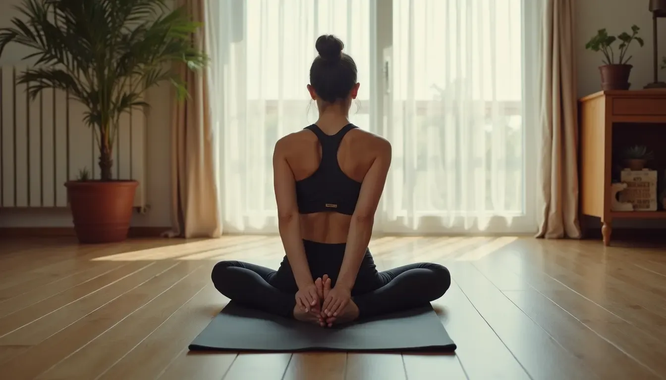 High angle view of a person stretching on a yoga mat at home