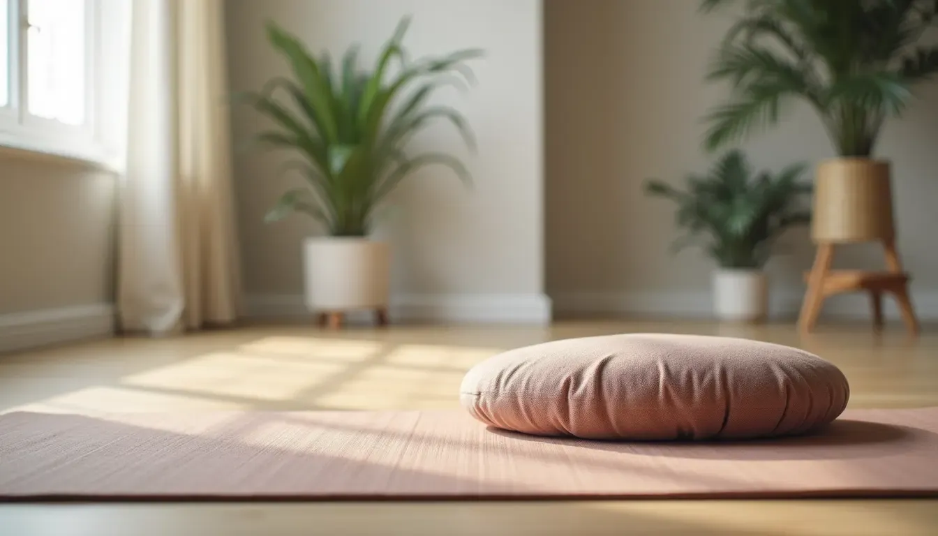 Close-up view of yoga mat and meditation cushion in a calm room