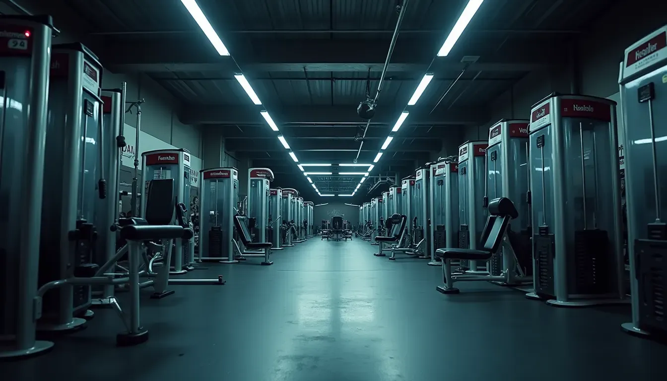 Wide angle view of gym interior with empty workout machines at night