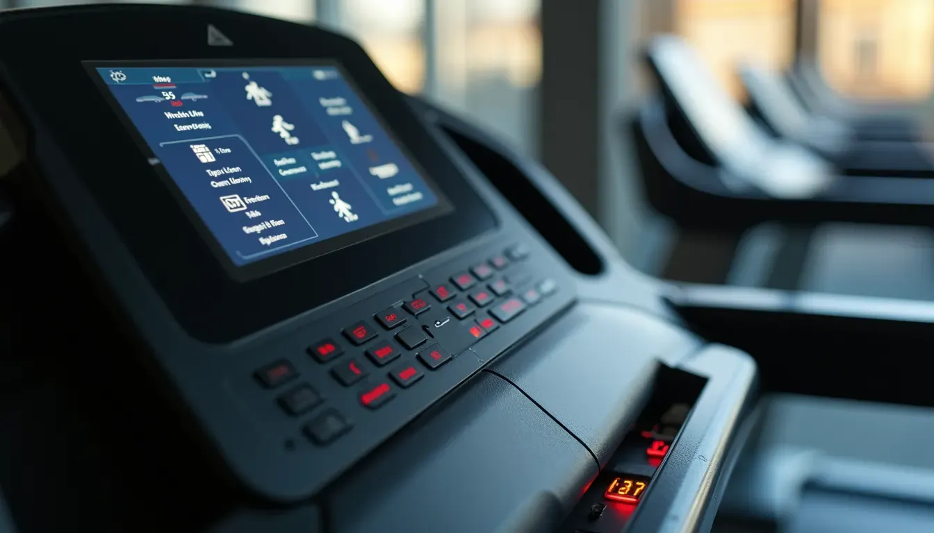 Close-up view of a treadmill console with digital display and workout options